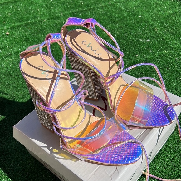 Diamond heels rainbow pink shiny lace up - Picture 1 of 3